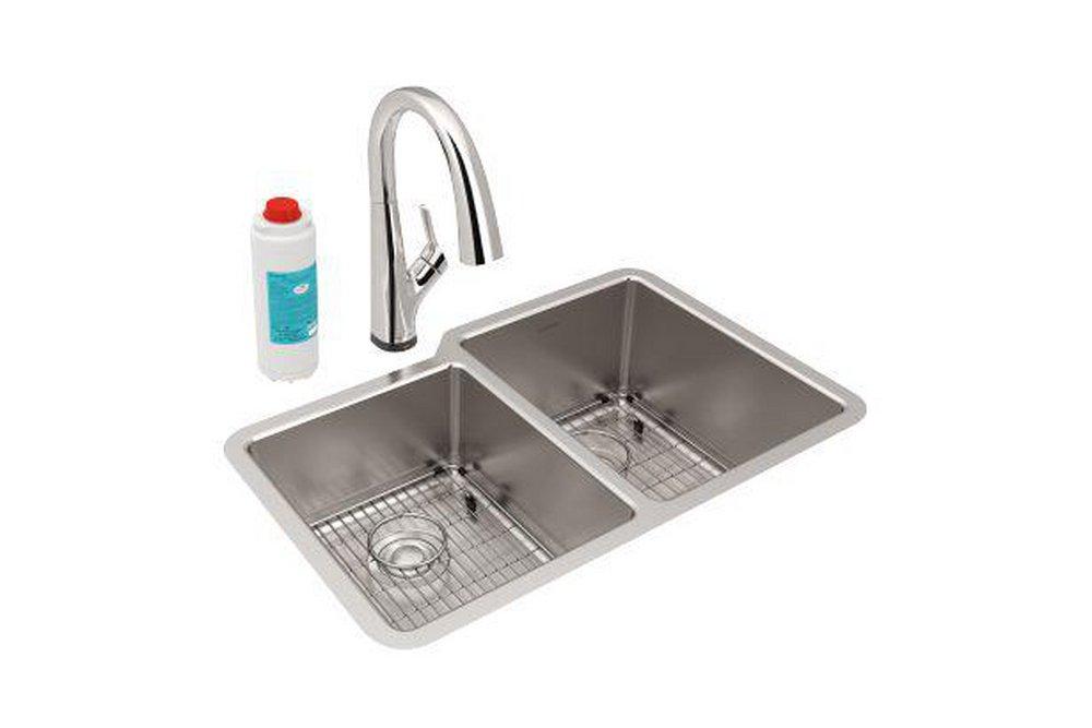 Elkay Chrome 31-1/4 x 20-1/2 in. No Hole 2 Bowl Undermount Kitchen Sink Kit 