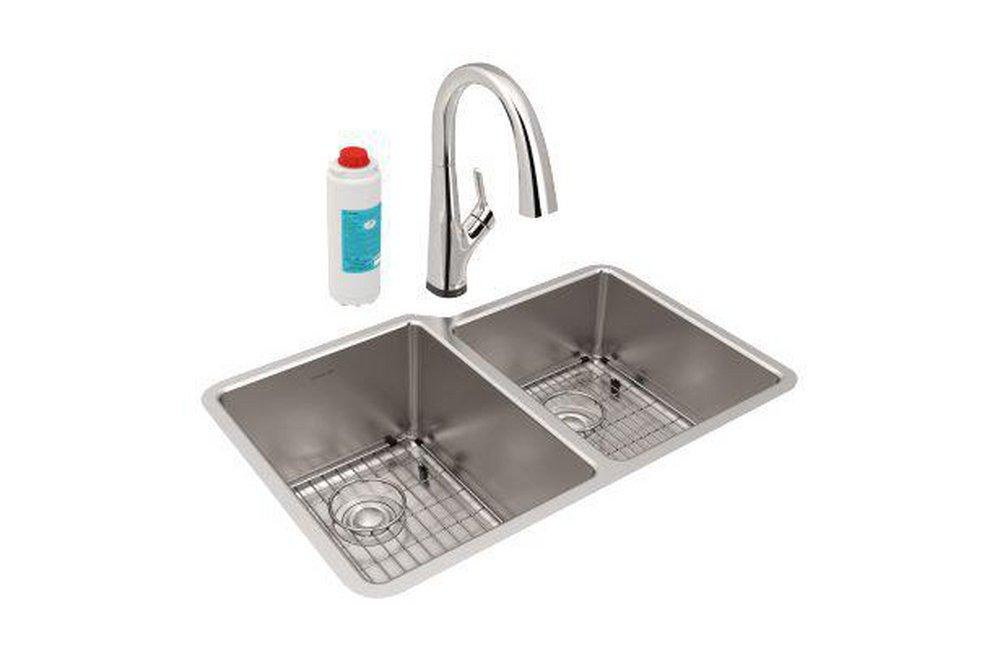 Elkay Chrome 31-1/4 x 20-1/2 in. No Hole 2 Bowl Undermount Kitchen Sink Kit 