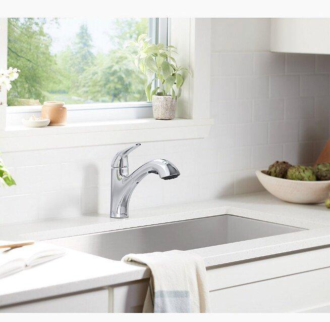 KOHLER Polished Chrome Single Handle Pull Out Kitchen Faucet 