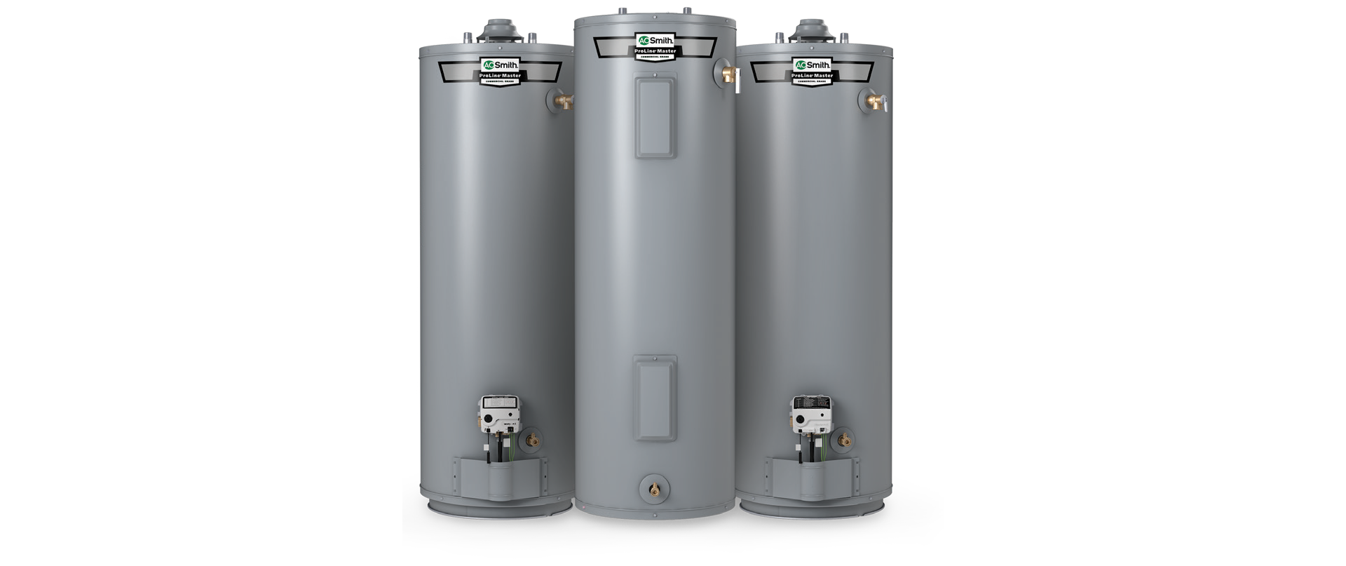 Silo image of three A. O. smith residential water heaters. 
