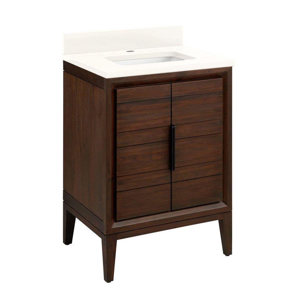 *CVR* 24 TEAK VANITY WITH RECTANGULAR UNDERMOUNT SINK JAVA ARCTIC WHITE QUARTZ SINGLE HOLE 