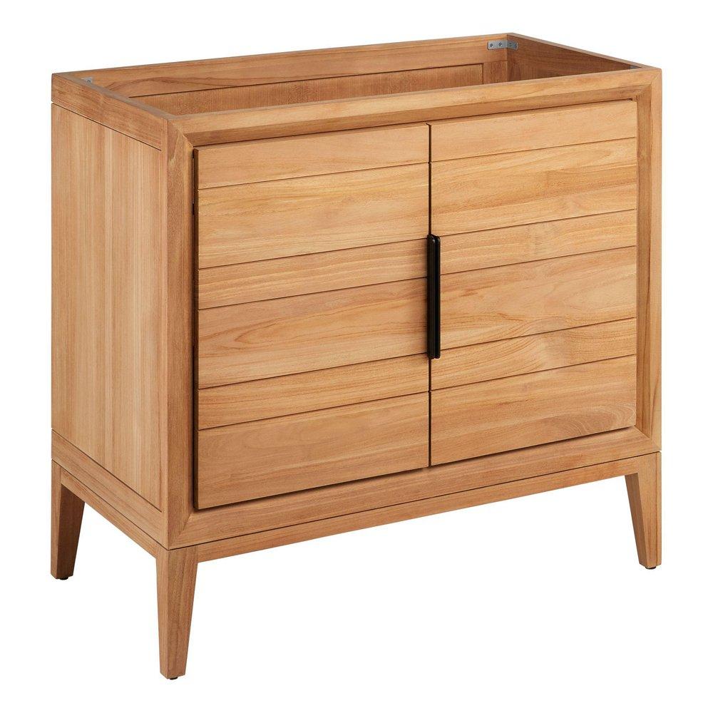 Signature Hardware Natural Teak Floor Mount Vanity in Natural Teak with Arctic White Quartz 