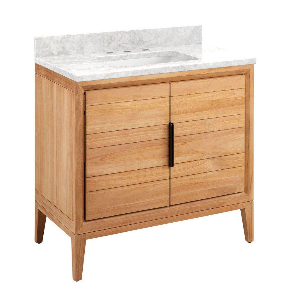 *CVR* 36 TEAK VANITY WITH RECTANGULAR UNDERMOUNT SINK NATURAL TEAKARCTIC WHITE QUARTZ WIDESPREAD 