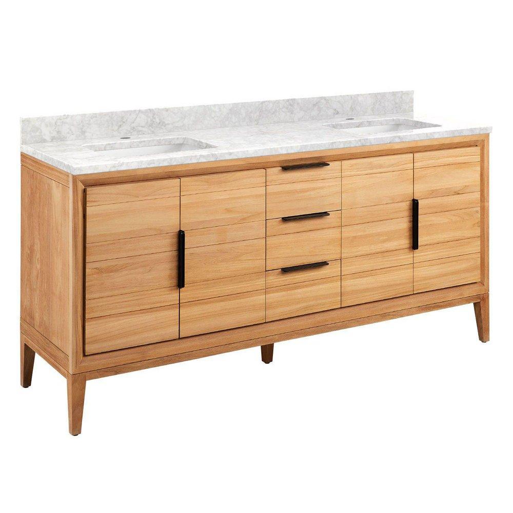 *CVR* 72 DOUBLE VANITY WITH RECT UNDERMOUNT SINKS NATURAL TEAK ARCTIC WHITE QUARTZ SINGLE HOLE 