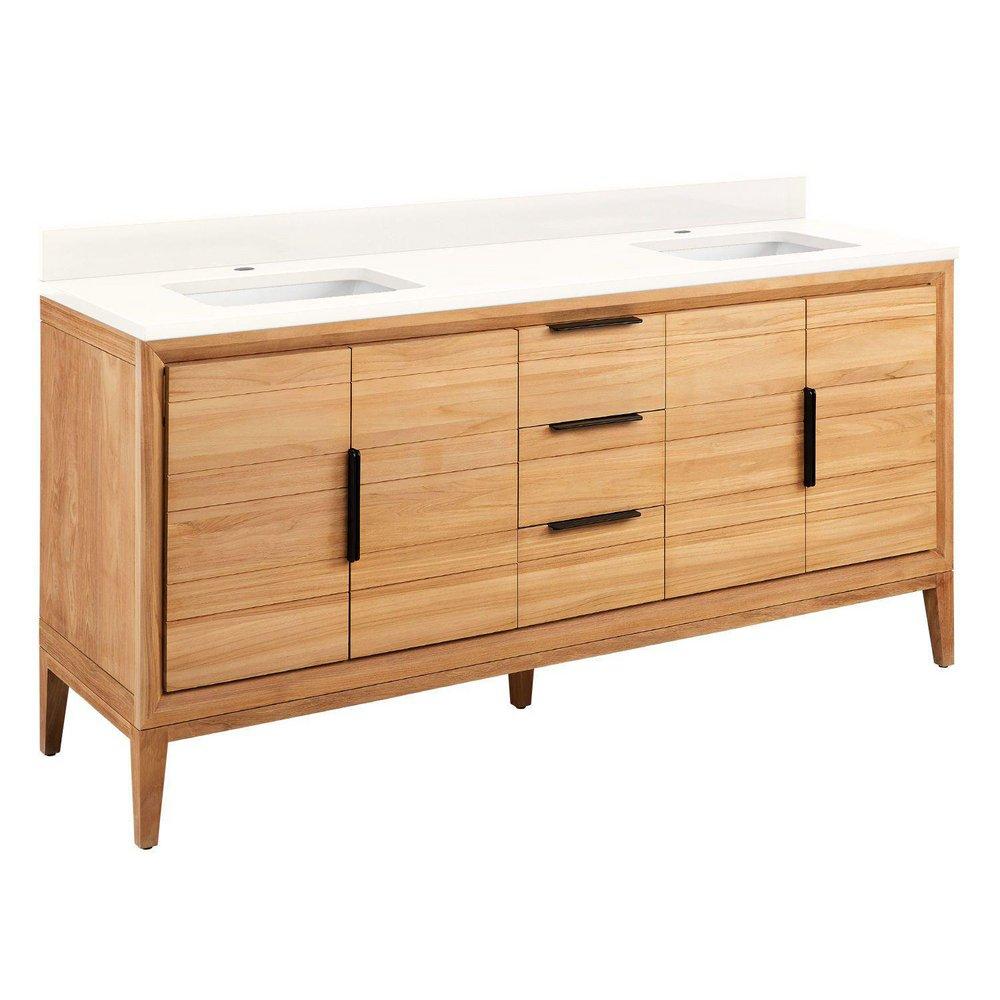 *CVR* 72 DOUBLE VANITY WITH RECT UNDERMOUNT SINKS NATURAL TEAK ARCTIC WHITE QUARTZ SINGLE HOLE 
