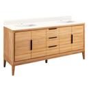 *CVR* 72 DOUBLE VANITY WITH RECT UNDERMOUNT SINKS NATURAL TEAK ARCTIC WHITE QUARTZ SINGLE HOLE 
