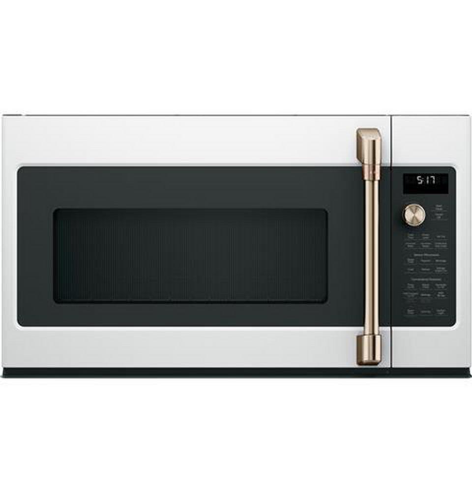 Cafe&trade; Matte White/Brushed Bronze 1700W 1.7 cu. ft. Ductless Over the Range Microwave 