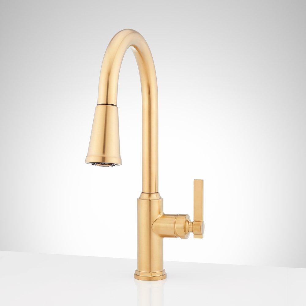 LAZADA Brushed Gold Kitchen Faucet – Pull-Down Sprayer, Single Handle, High Arc, With Deck Plate