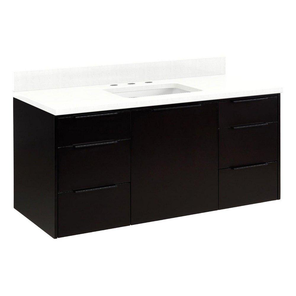 48 WALLMOUNT VANITY WITH RECT UNDERMOUNT SINK BLACK FEATHERED WHITE QUARTZ WIDESPREAD 