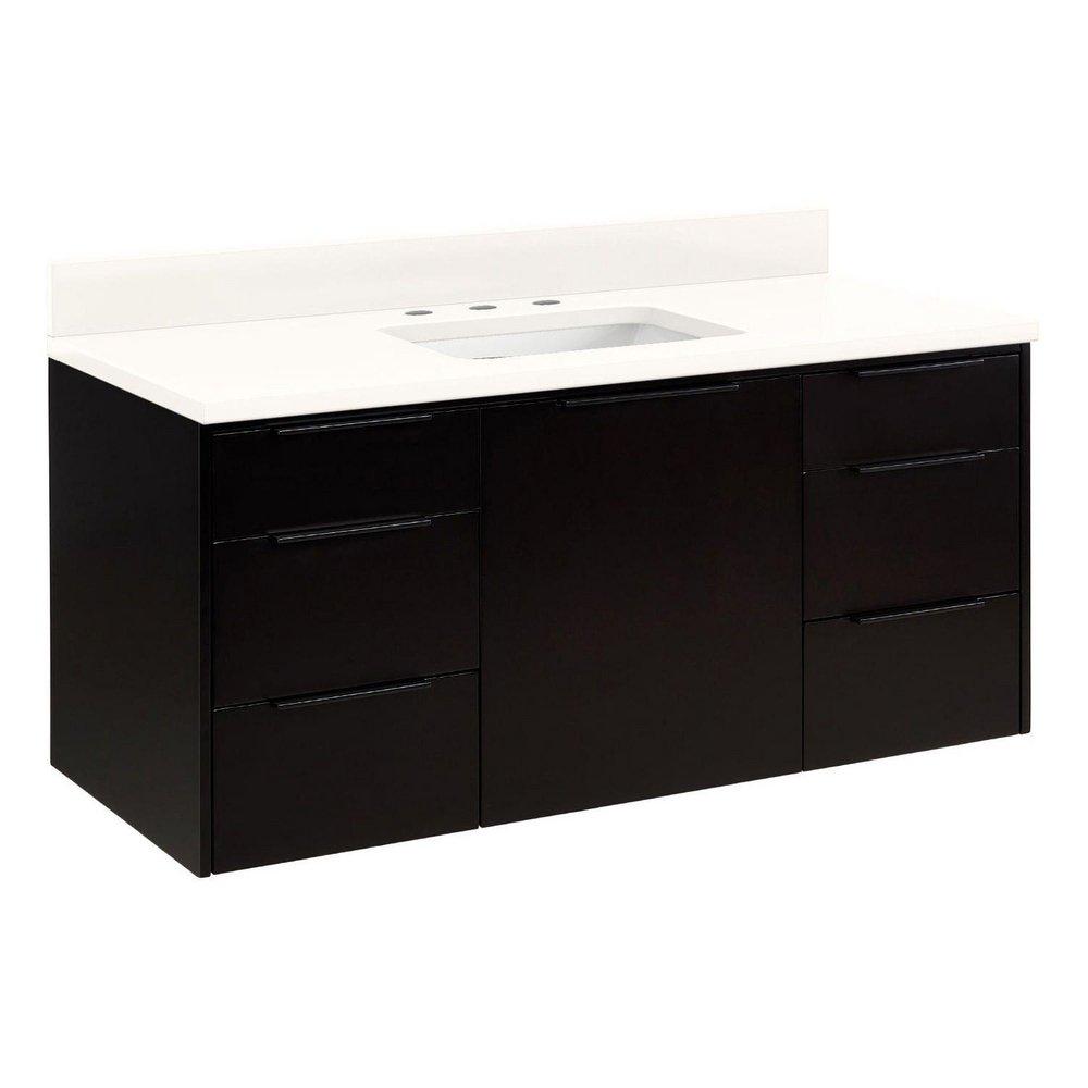 48 WALLMOUNT VANITY WITH RECTANGULAR UNDERMOUNT SINK BLACK ARCTIC WHITE QUARTZ WIDESPREAD 