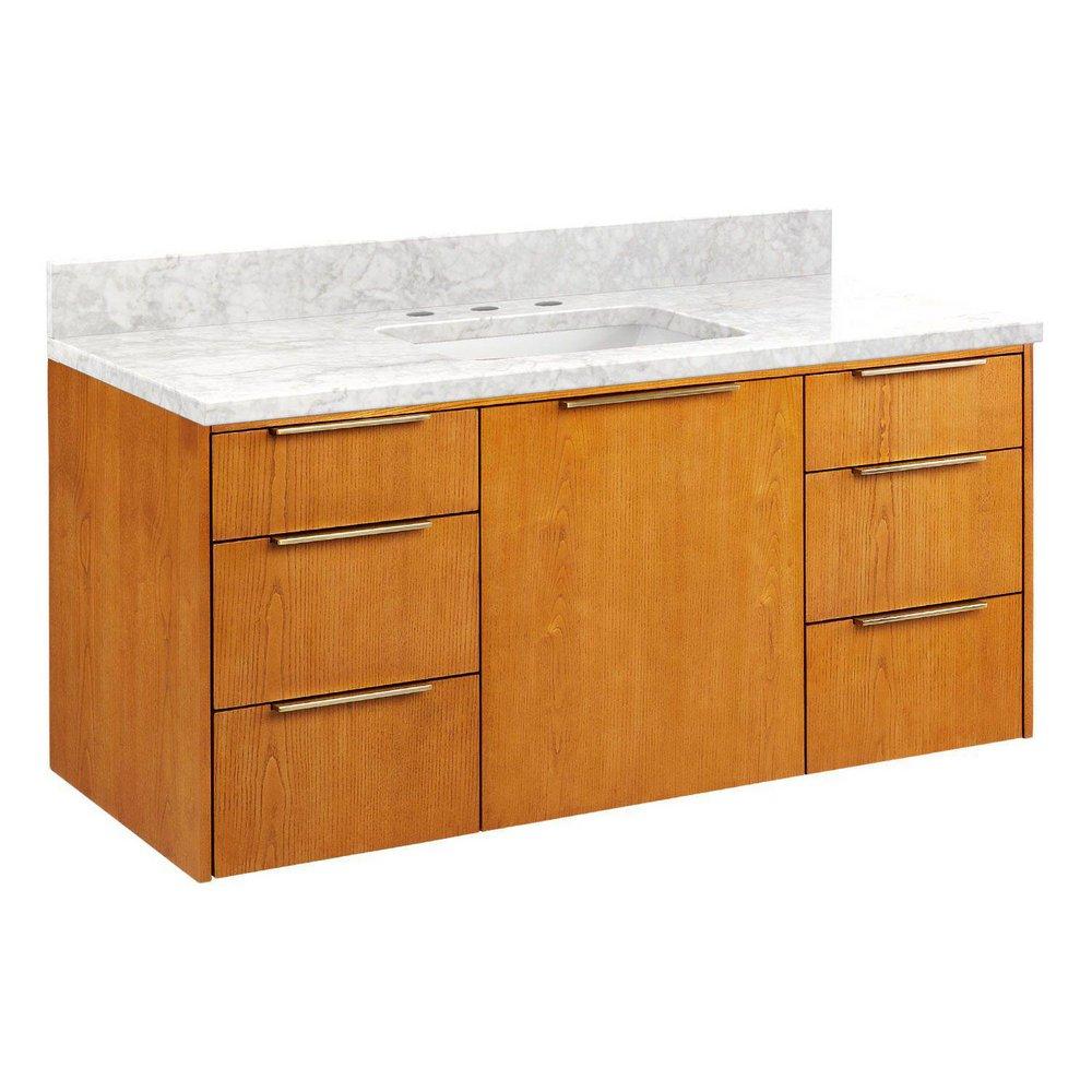 48 WALLMOUNT VANITY WITH RECTANGULAR UNDERMOUNT SINK HONEY OAK CARRARA MARBLE WIDESPREAD 