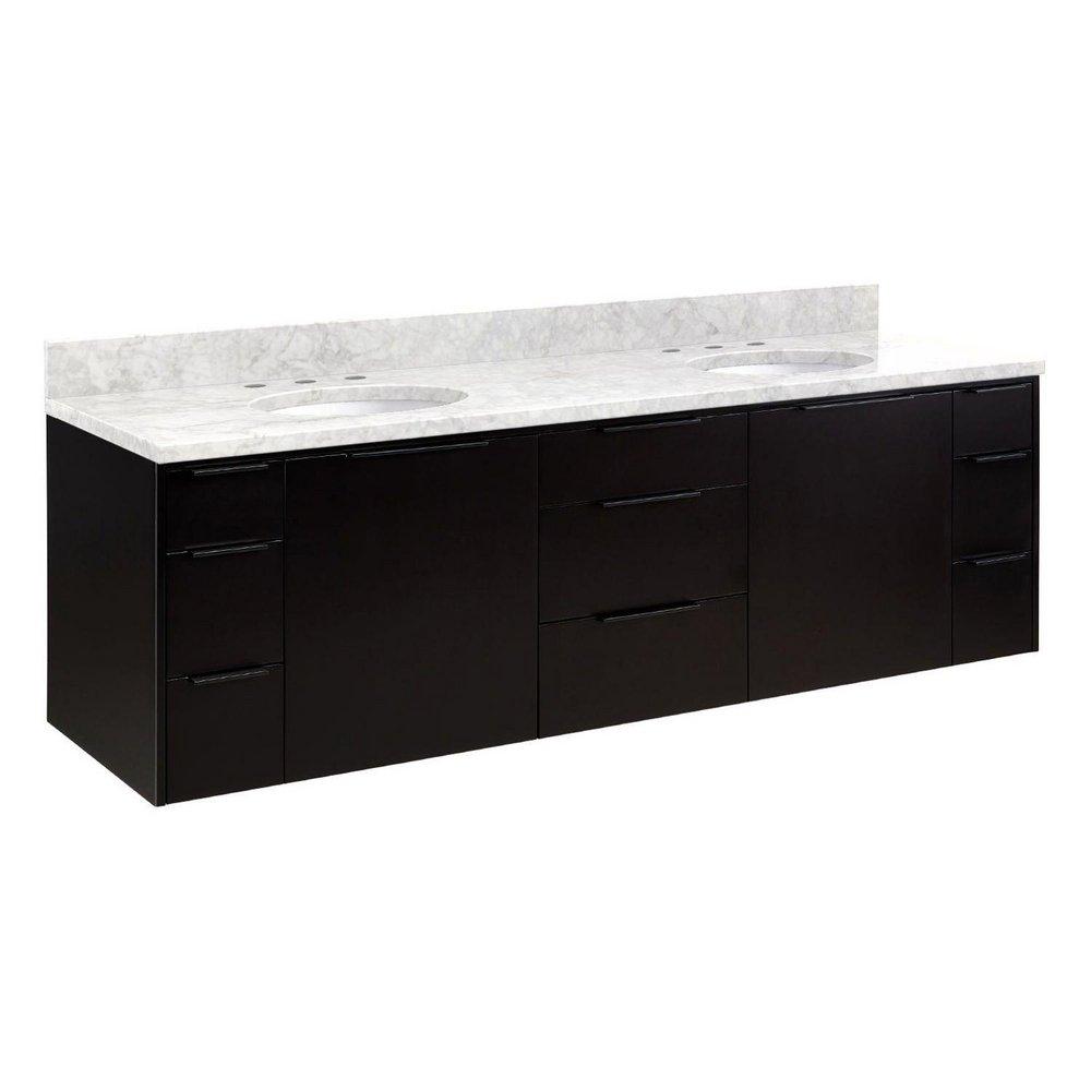 72 WALLMOUNT DOUBLE VANITY WITH UNDERMOUNT SINKS BLACK CARRARA MARBLE WIDESPREAD 