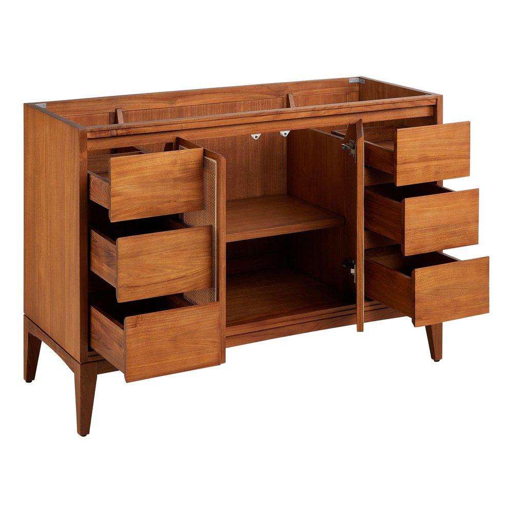 *CVR* 48 TEAK VANITY WITH RECT UNDERMOUNT SINK NATURAL TEAK ARCTIC WHITE QUARTZ NO FAUCET HOLES 