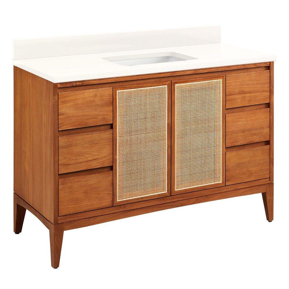 *CVR* 48 TEAK VANITY WITH RECT UNDERMOUNT SINK NATURAL TEAK ARCTIC WHITE QUARTZ NO FAUCET HOLES 