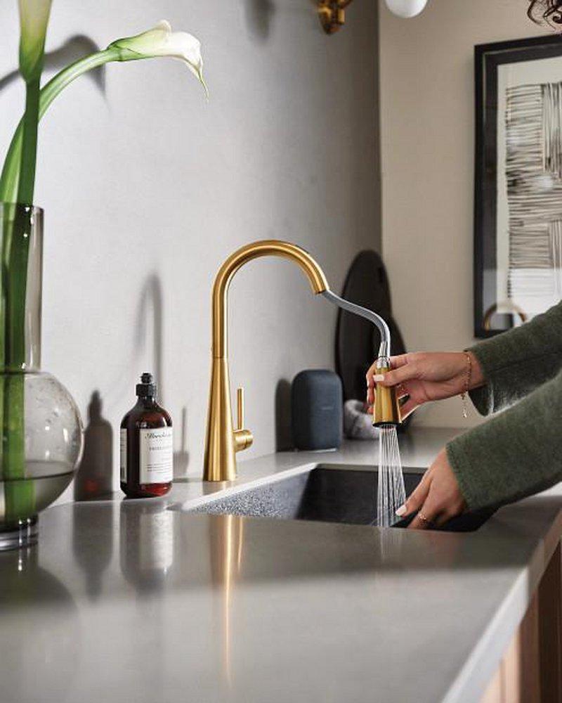 Moen Brushed Gold Single Handle Pull Down Voice Activated Kitchen Faucet 