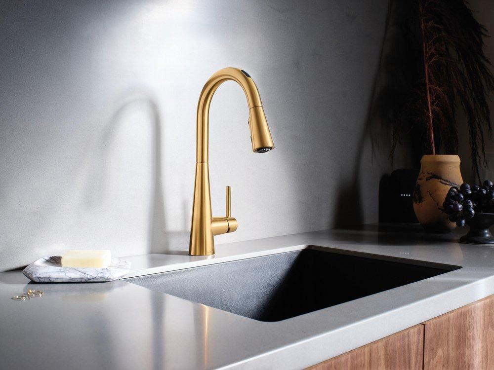 Moen Brushed Gold Single Handle Pull Down Voice Activated Kitchen Faucet with PowerBoost and Reflex Technology 
