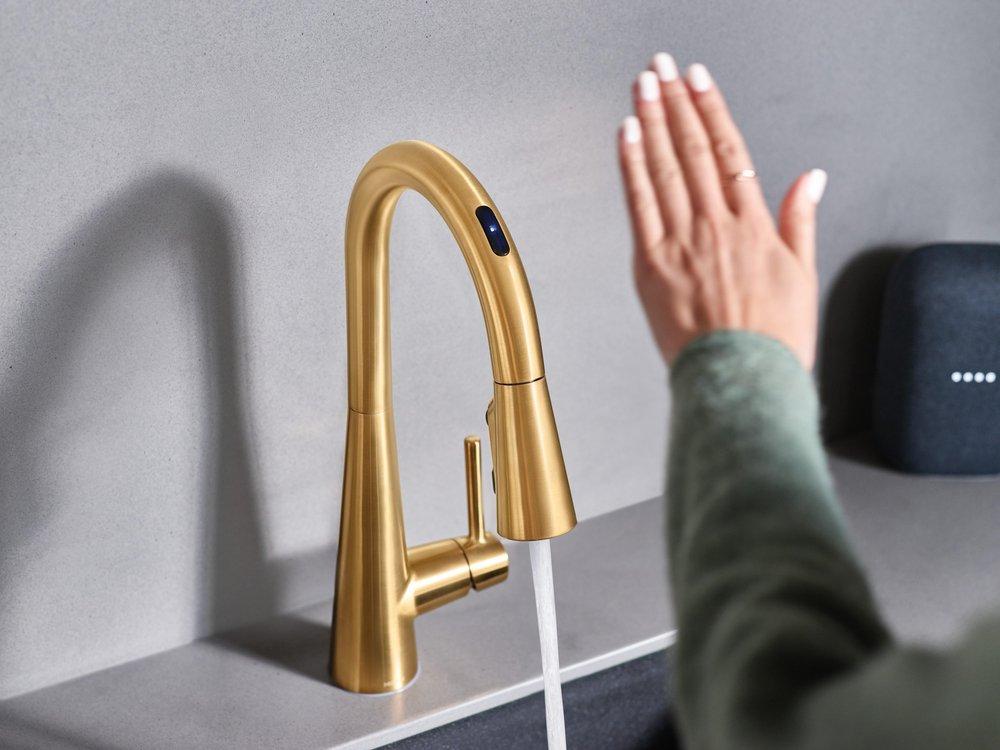 Moen Brushed Gold Single Handle Pull Down Voice Activated Kitchen Faucet with PowerBoost and Reflex Technology 