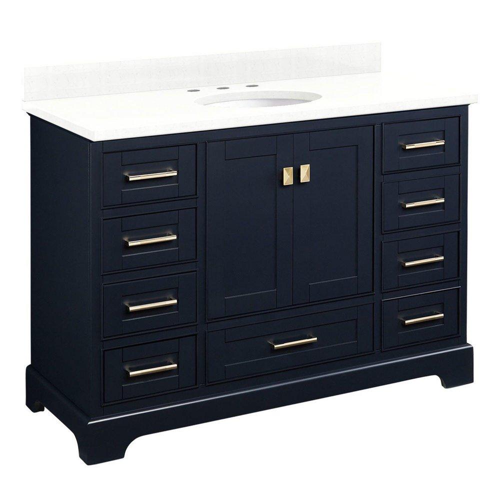*CVR* 48 VANITY WITH UNDERMOUNT SINK  MIDNIGHT NAVY BLUE  FEATHERED WHITE QUARTZ WIDESPREAD 