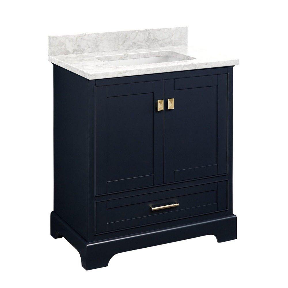 *CVR* 30 VANITY WITH RECT UNDERMOUNT SINK  MIDNIGHT NAVY BLUE  CARRARA MARBLE NO FAUCET HOLES 