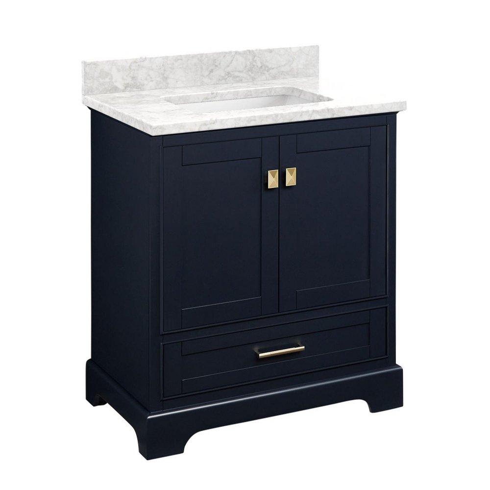 *CVR* 30 VANITY WITH RECT UNDERMOUNT SINK  MIDNIGHT NAVY BLUE  CARRARA MARBLE NO FAUCET HOLES 