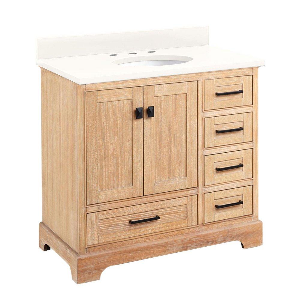 Signature Hardware Driftwood Floor Mount Vanity in Driftwood with Arctic White Quartz 