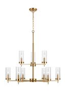 540W 9 Light 32in. Wide Multi-Tier Chandelier with Clear Glass Cylinders in Satin Brass
