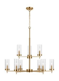 540W 9 Light 32in. Wide Multi-Tier Chandelier with Clear Glass Cylinders in Satin Brass