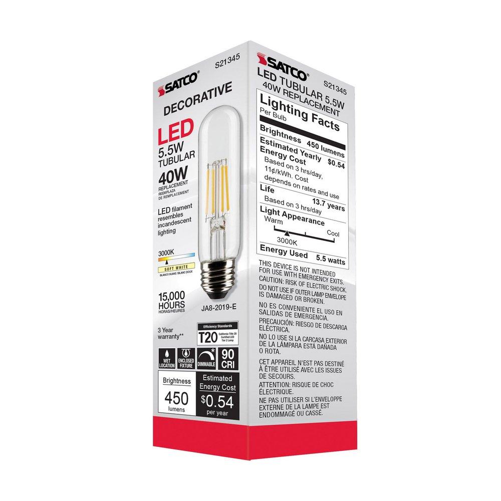 SATCO Soft White 5.5W Dimmable T10 Medium E-26 450 Lumens LED Light Bulb 