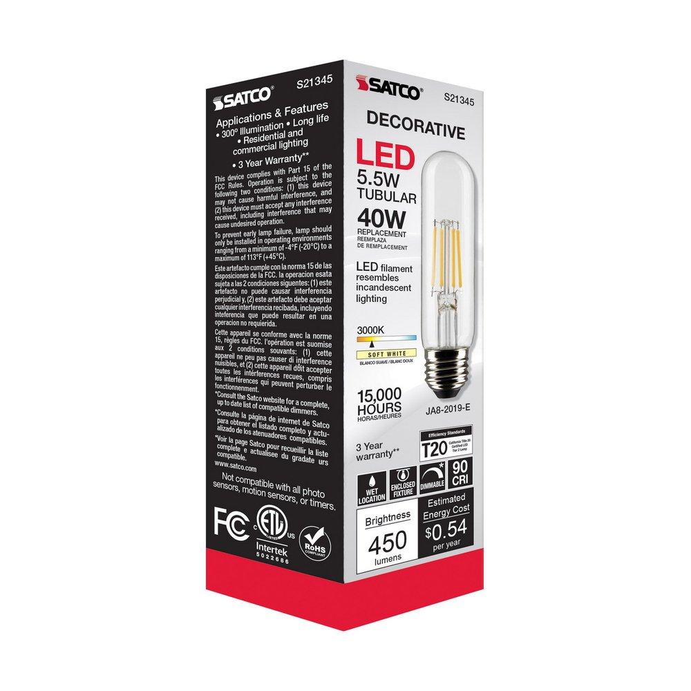 SATCO Soft White 5.5W Dimmable T10 Medium E-26 450 Lumens LED Light Bulb 