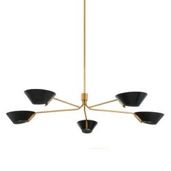9-1/2 x 63 in. 60W 1-Tier 5-Light Incandescent Mid-century and Modern Chandelier in Patina Brass with Soft Black