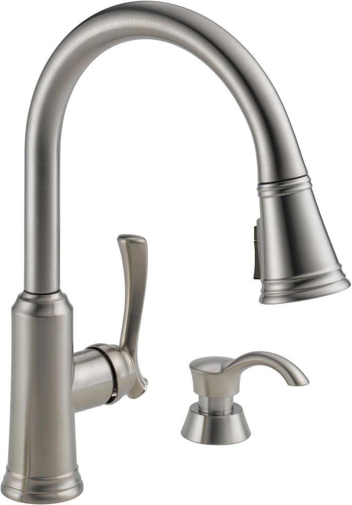 DELTA LAKEVIEW SINGLE HANDLE PULL-DOWN KITCHEN FAUCET WITH SOAP DISPENSER AND SHIELDSPRAY TECHNOLOGY 