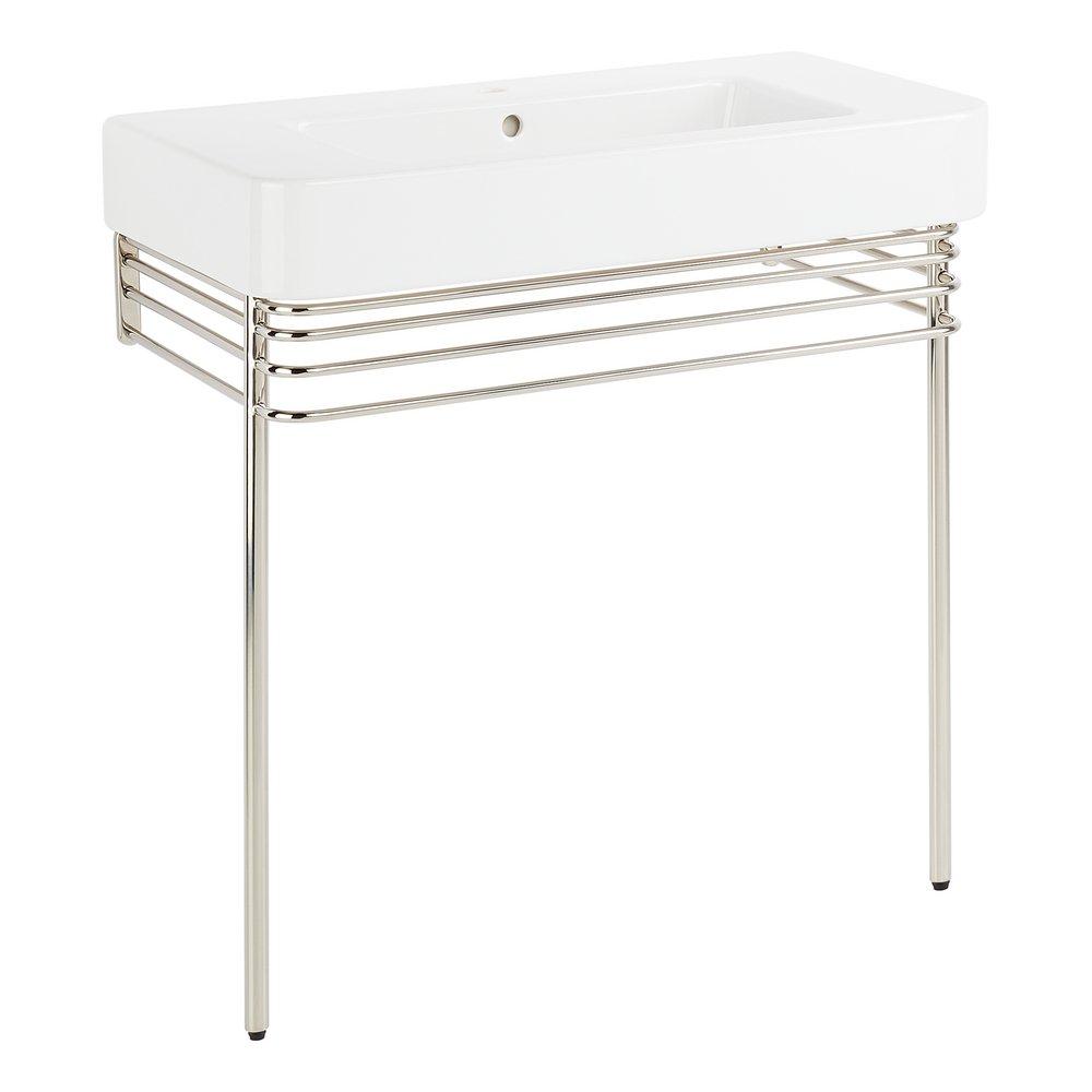 34 in. Console Bathroom Sink with Brass Stand in Polished Nickel 