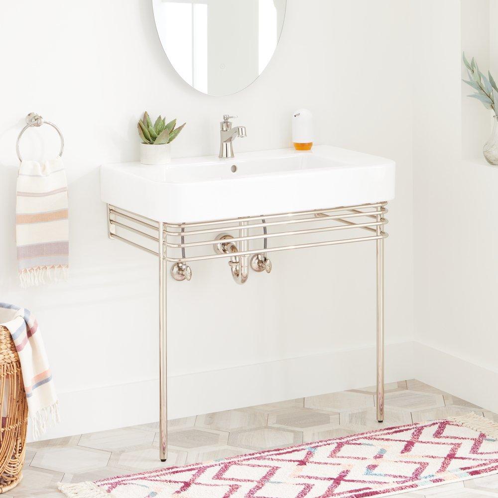 34 PORCELAIN CONSOLE SINK WITH BRASS STAND POLISHED NICKEL 