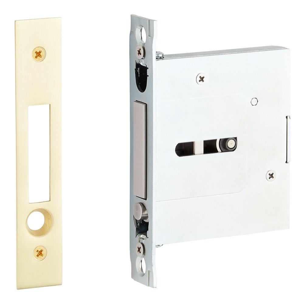 Elongated Pop-Out Brass Pocket Door Pull in Satin Brass 