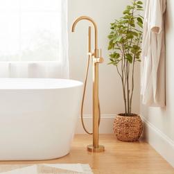 Single Handle Lever Floor Mount Tub Filler in Brushed Gold