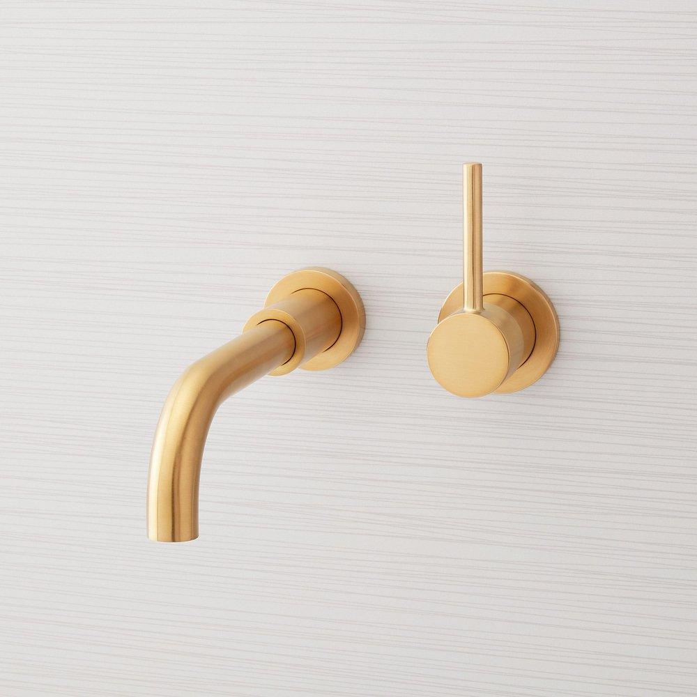 Single Handle Wall Mount Bathroom Sink Faucet in Brushed Gold 