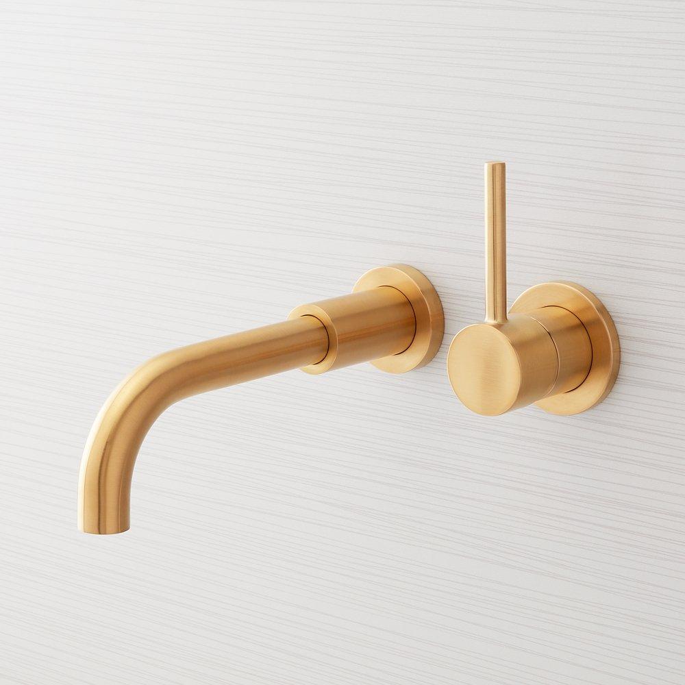 Single Handle Wall Mount Bathroom Sink Faucet in Brushed Gold 