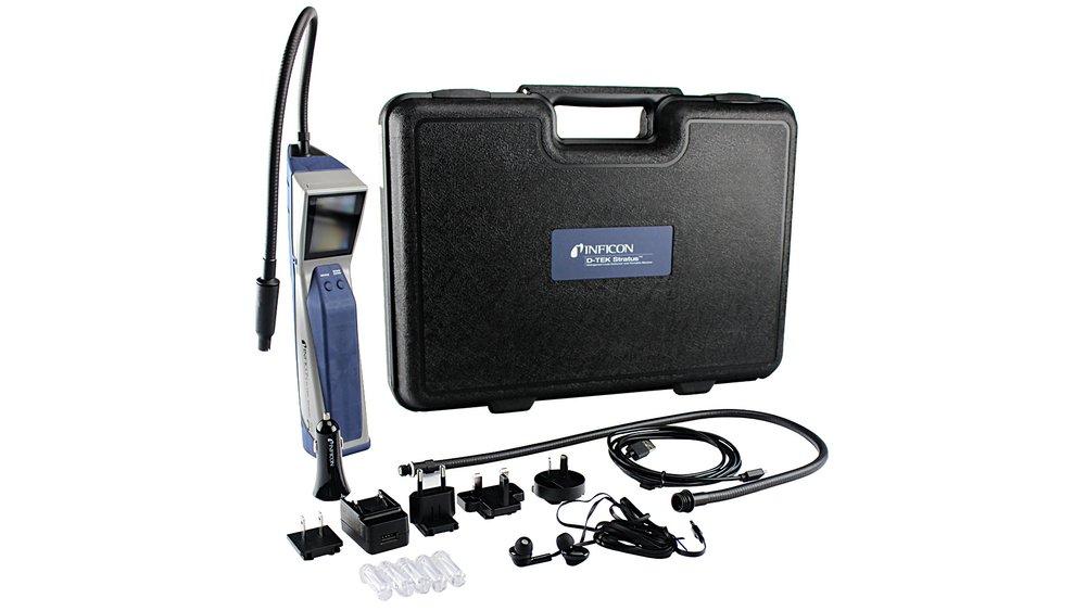 D-TEK STRATUS REFRIGERANT LEAK DETECTOR AND PORTABLE MONITORINCLUDES NEXT GENERATION INFRARED SENSOR LITHIUM ION RECHARGEABLE BATTERY AC WALL CHARGER DC CAR CHARGER EXTRA-LONG PROBE EARBUDS PLASTIC 