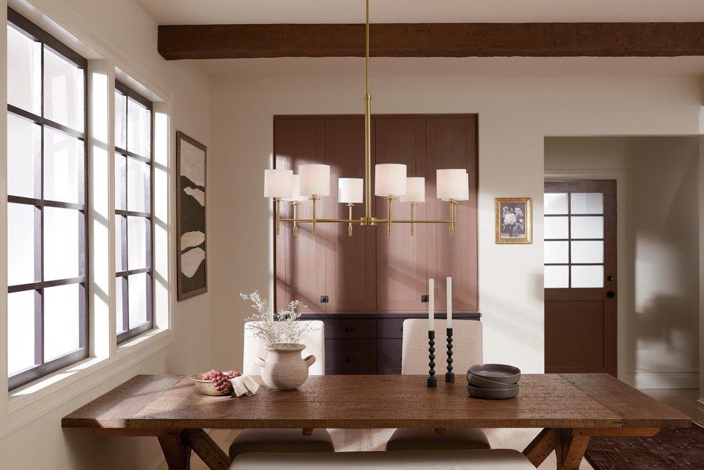 8-Light 39 in. Wide Chandelier with Linen Shades in Brushed Natural Brass 