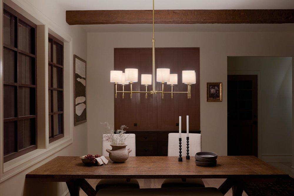 8-Light 39 in. Wide Chandelier with Linen Shades in Brushed Natural Brass 