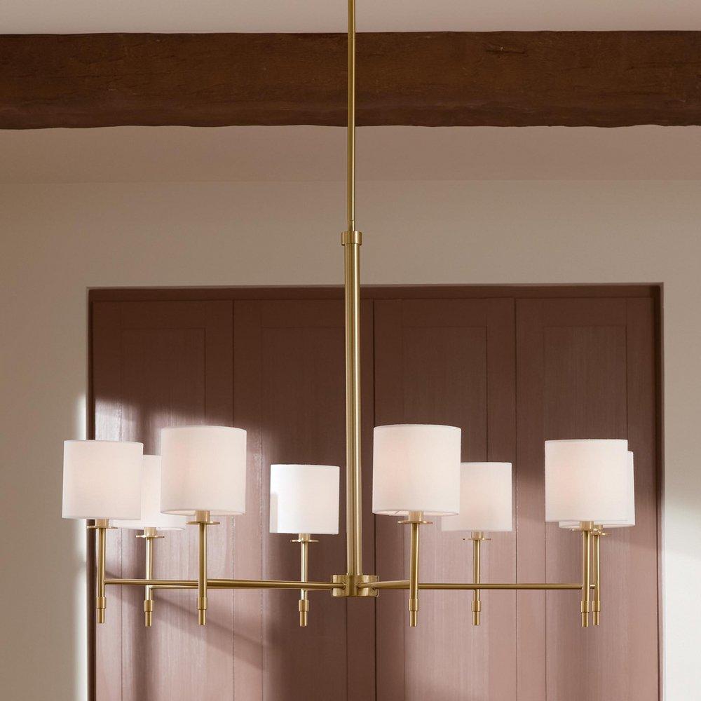 8-Light 39 in. Wide Chandelier with Linen Shades in Brushed Natural Brass 