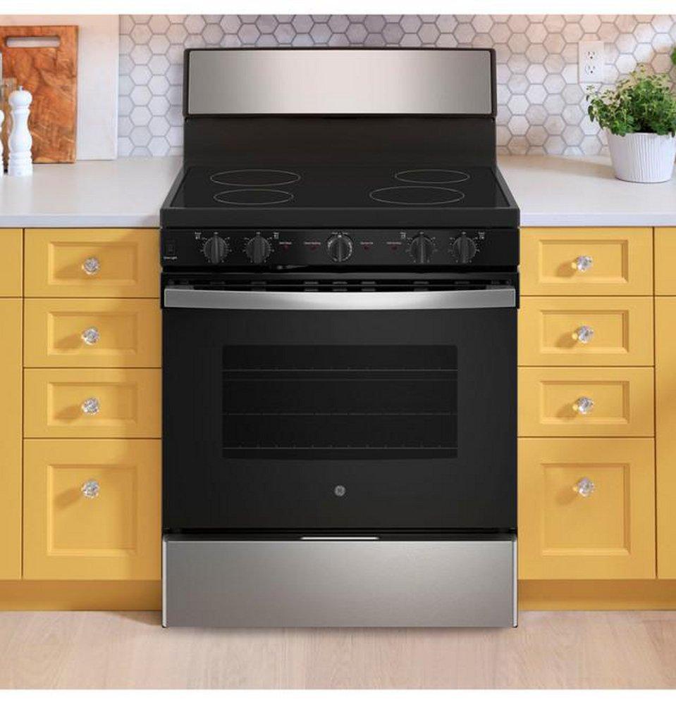 GE&reg; Stainless Steel/Grey 30 x 29 x 47 in. 5 cu. ft. Electric Radiant Freestanding Range 