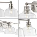 SINGLETON COLLECTION THREE-LIGHT 26.5 BRUSHED NICKEL FARMHOUSE VANITY LIGHT WITH CLEAR GLASS SHADES 