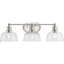 SINGLETON COLLECTION THREE-LIGHT 26.5 BRUSHED NICKEL FARMHOUSE VANITY LIGHT WITH CLEAR GLASS SHADES 