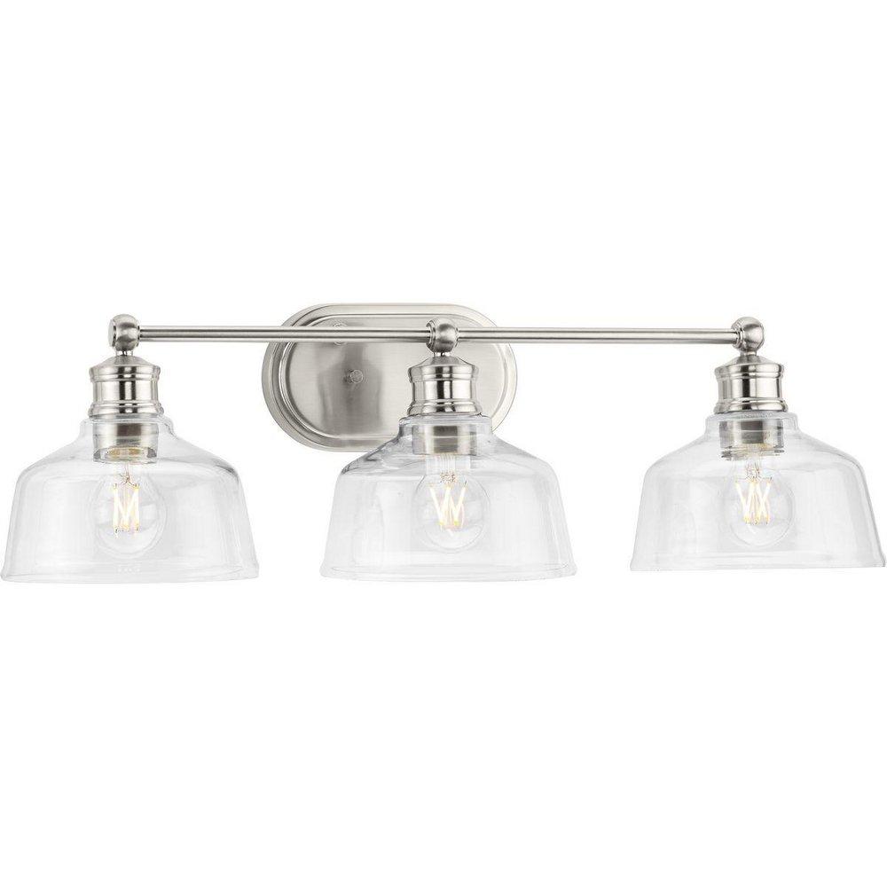SINGLETON COLLECTION THREE-LIGHT 26.5 BRUSHED NICKEL FARMHOUSE VANITY LIGHT WITH CLEAR GLASS SHADES 
