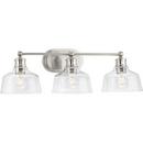 SINGLETON COLLECTION THREE-LIGHT 26.5 BRUSHED NICKEL FARMHOUSE VANITY LIGHT WITH CLEAR GLASS SHADES 