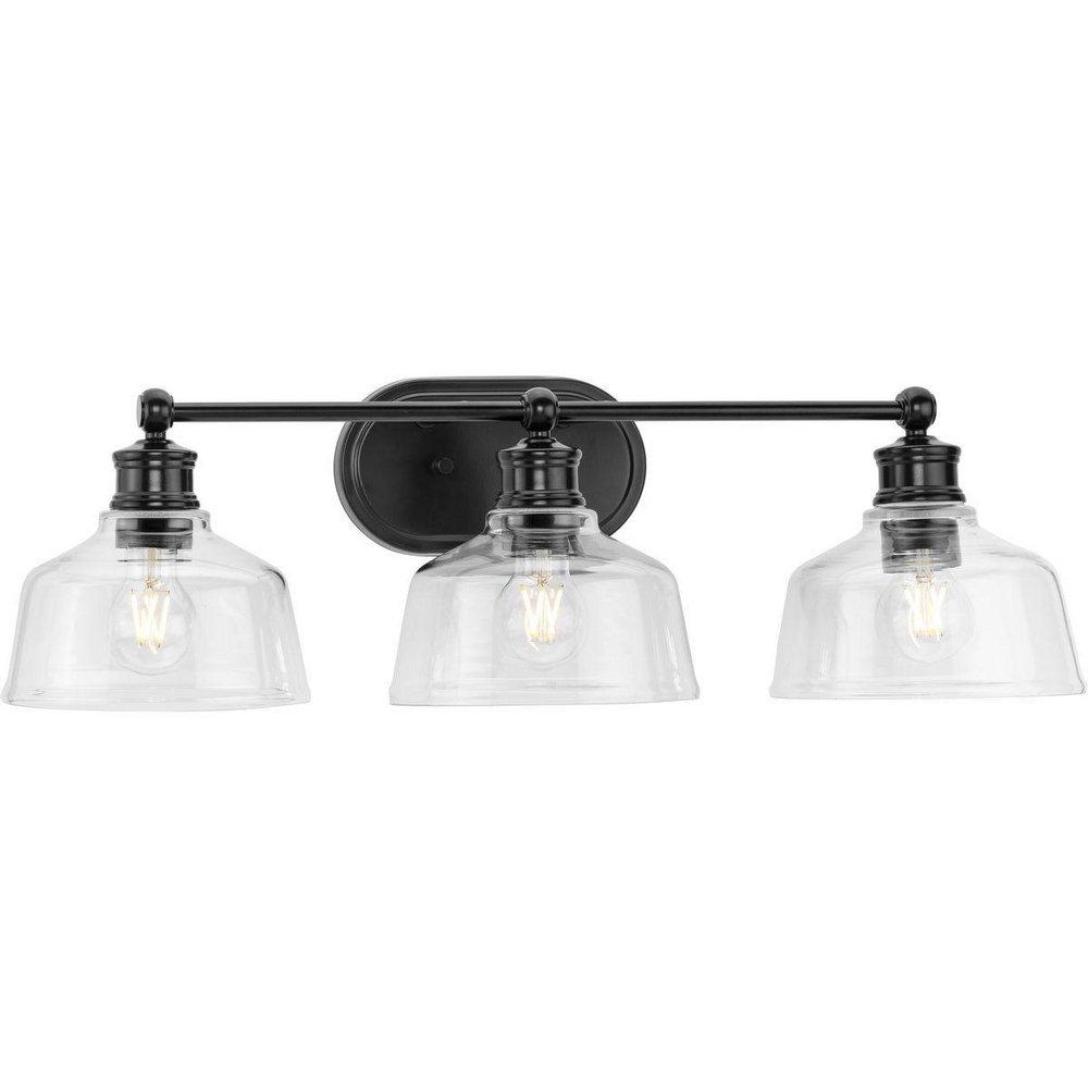 SINGLETON COLLECTION THREE-LIGHT 26.5 MATTE BLACK FARMHOUSE VANITY LIGHT WITH CLEAR GLASS SHADES 