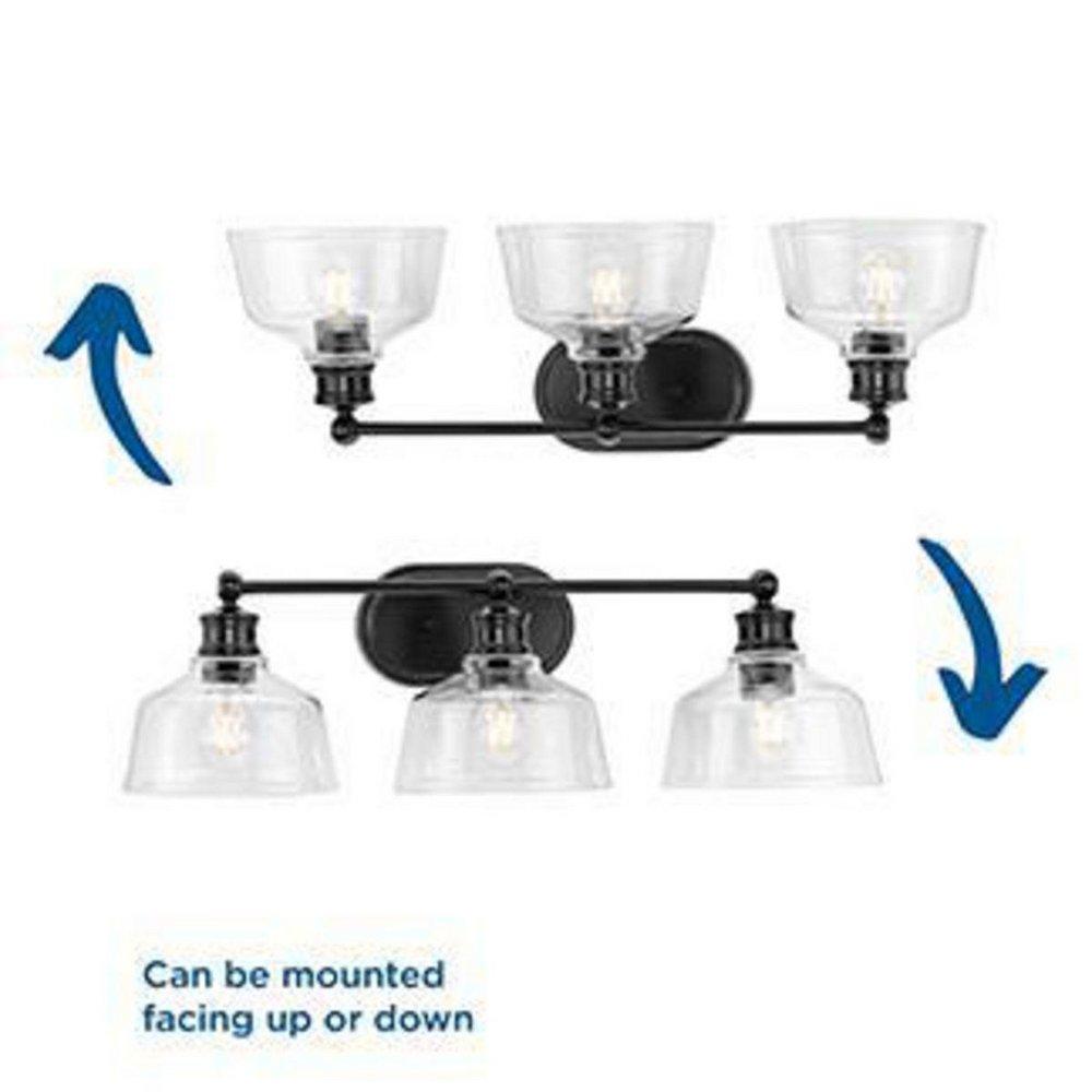 SINGLETON COLLECTION THREE-LIGHT 26.5 MATTE BLACK FARMHOUSE VANITY LIGHT WITH CLEAR GLASS SHADES 