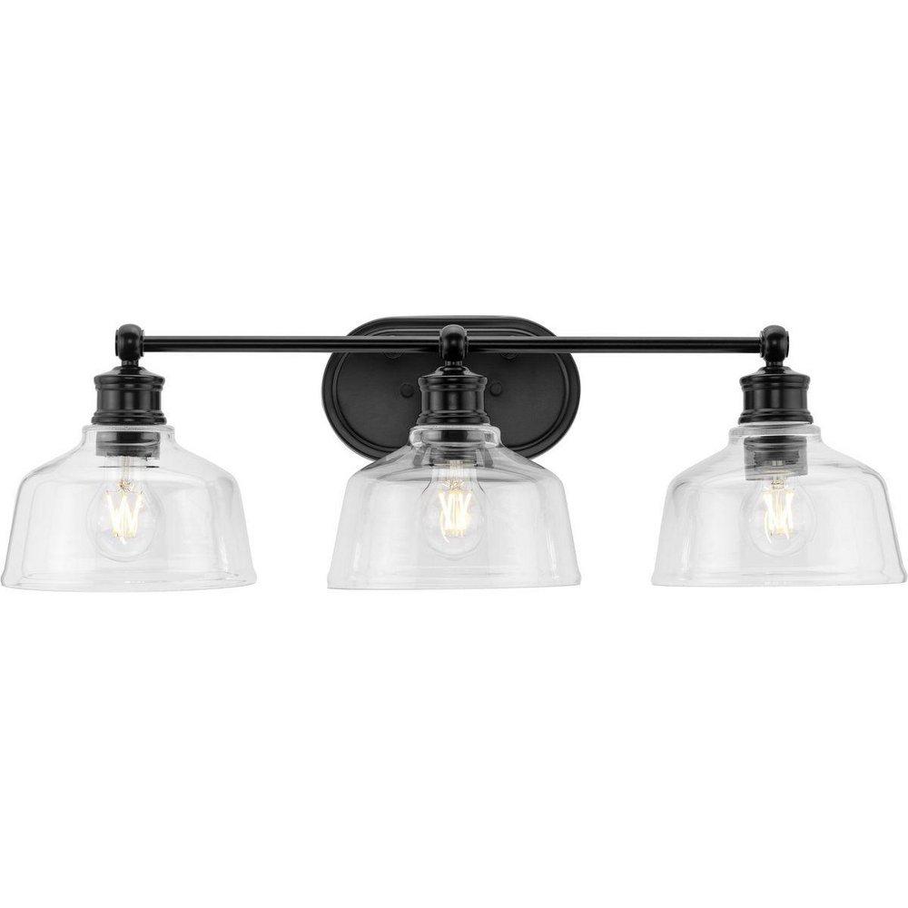 SINGLETON COLLECTION THREE-LIGHT 26.5 MATTE BLACK FARMHOUSE VANITY LIGHT WITH CLEAR GLASS SHADES 