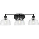 SINGLETON COLLECTION THREE-LIGHT 26.5 MATTE BLACK FARMHOUSE VANITY LIGHT WITH CLEAR GLASS SHADES 